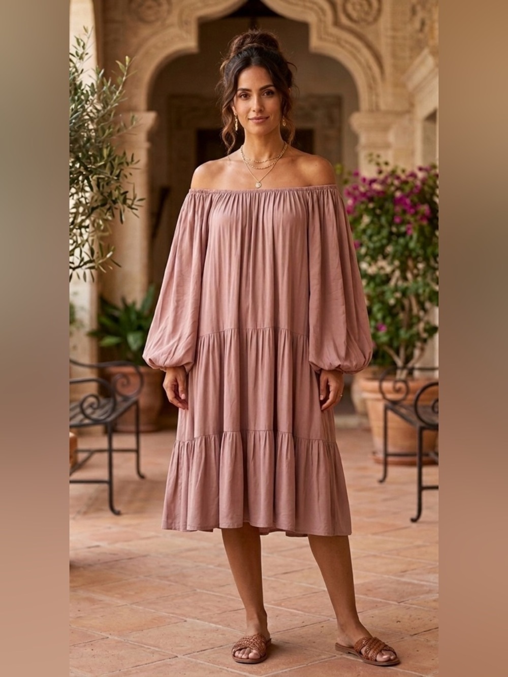 Erika Peña Marissa boho Off-the-Shoulder Tiered Midi Dress – Mauve Boho